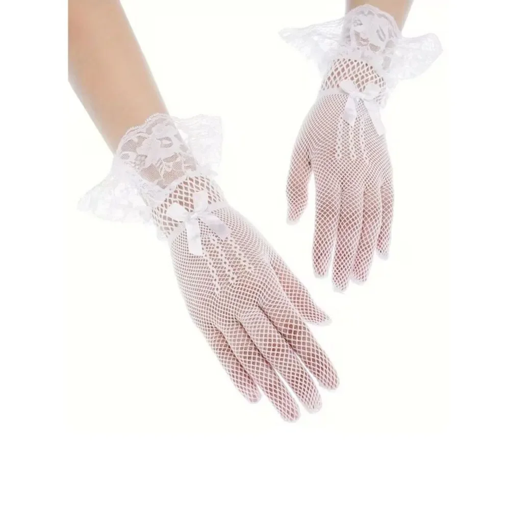 White Fishnet Lace Gloves Trim Satin Bow Wedding Gothic Carnival Role-Playing